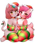  1girl alpha_channel anal anal_penetration anthro bastet bedroom_eyes berseepon09 big_breasts black_nose blush breast_squish breasts breasts_frottage candy candy_cane candy_cane_dildo cat christmas clothing collar cute dragon feline female/female food furry hair half-closed_eyes hand_holding hat holidays holly_(plant) legwear looking_at_viewer mammal nipples nipples_crossing nipples_touching penetration pink_hair pink_skin plant raised_tail red_eyes santa_hat scalie seductive short_stack simple_background smile stockings transparent_background 
