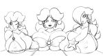 3_girls bikini breasts cleavage earring erect_nipples hair_over_one_eye huge_breasts jewelry long_hair looking_at_viewer monochrome multiple_girls one_eye_closed open_mouth princess_daisy princess_peach rosalina smile speeds super_mario_bros. wink
