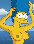  blue_hair breasts dark_nipples hair marge_simpson milf nude ocean outside sexy sexy_breasts slim_body smile the_simpsons topless water yellow_skin 