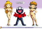  1boy 2_girls areola blonde_hair breasts brown_hair crown earrings eyebrows eyelashes hand_on_hip happy high_res legs looking_at_viewer nintendo nipples nude nude_female one_eye_closed open_mouth pointing princess_daisy princess_peach pussy pussy royalty sakusakupanic self-insert smile super_mario_bros. wink 