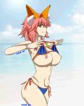 1girl animal_ear_fluff animal_ears ass bangs bare_shoulders beach big_breasts bikini blue_bikini blue_sky bracelet breasts cleavage day erect_nipples fate/grand_order fate_(series) fox_girl fox_tail hair_between_eyes high_resolution huge_breasts jewelry kitsunemimi large_thighs liquid long_hair looking_at_viewer mr.feather navel nipples nude ocean pink_hair ramune sidelocks sky smile swimsuit tail tamamo_no_mae_(fate) tamamo_no_mae_(swimsuit_lancer) thighs tongue tongue_out twitter twitter_username very_high_resolution watermark yellow_eyes
