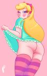 1girl 2017 apple_butt artist_request big_ass blonde_hair blue_eyes bottomless disney fair_skin headgear long_hair looking_at_viewer looking_back no_panties pink_background pussy sexy shiny shiny_hair shiny_skin sideboob signature small_ass star_butterfly star_vs_the_forces_of_evil stockings
