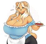 1girl 1girl 2017 anthro bear big_breasts blonde_hair blue_eyes breasts cherrikissu cleavage clothed clothing digital_media_(artwork) food furry hair huge_breasts long_hair mammal pie simple_background thick_thighs whipped_cream 