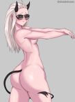  1girl artist_name ass blush breasts demon_tail devil_tail female_focus female_only helltaker horns justice_(helltaker) long_hair nude shadertoons smile solo_female sunglasses tagme tail tinted_eyewear white_hair 