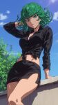 1girl 1girl black_skirt green_hair miniskirt one-punch_man sexually_suggestive skirt solo_focus tatsumaki
