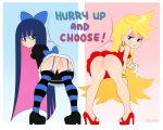  1girl 2020 artist_name ass blonde_hair boots bow dress earrings eyelashes eyeshadow female_focus female_only hair high_heels holding_panties looking_at_another makeup panties panty_&amp;_stocking_with_garterbelt panty_(psg) presenting presenting_hindquarters presenting_pussy pussy satean socks speech_bubble stocking_(psg) stockings text upskirt 