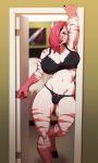  1girl 1girl anthro bra breasts clothing equine furry hair hair_over_eye inside lingerie looking_at_viewer makeup mammal panties pink_hair smile standing tatsumichi thick_thighs underwear wide_hips zebra 