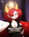 2017 big_breasts cleavage frostbiteboi hair_over_one_eye half-closed_eyes hekapoo looking_at_viewer selfie selfpic signature star_vs_the_forces_of_evil t-shirt