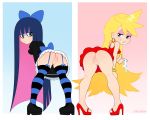 1girl 2020 artist_name ass blonde_hair boots bow dress earrings eyelashes eyeshadow female_focus female_only hair high_heels holding_panties long_hair looking_at_another makeup panties panty_&amp;_stocking_with_garterbelt panty_(psg) panty_anarchy presenting presenting_hindquarters presenting_pussy pussy satean sister sisters socks stocking_(psg) stocking_anarchy stockings textless upskirt