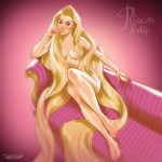  1_girl 1girl artist_name bare_shoulders barefoot belly blonde blonde_hair blue_eyes breasts disney english_text female female_human female_only high_resolution hips human legs lips long_hair looking_at_viewer medium_breasts nipples nude pink_background princess rapunzel signature simple_background sitting solo tangled tarusov_(artist) text thighs topless very_high_resolution very_long_hair 