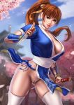  bottomless cherry_blossom chinese_clothes dandon_fuga dead_or_alive female_only holding_weapon kasumi_(doa) kunoichi looking_at_viewer naked_from_the_waist_down no_bra no_panties outdoors realistic shaved_pussy toned_female uncensored white_legwear wind_lift 