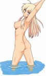  1girl ahoge arms_up ass back big_breasts blonde blue_eyes breasts fair_skin hanna-justina_marseille huge_breasts light-skinned_female long_hair looking_at_viewer nipples nude sideboob smile strike_witches water world_witches_series 