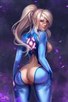  anal_access ass_focus blonde_hair breasts_out_of_clothes easy_access exposed_anus exposed_ass exposed_pussy female_only high_resolution innie_pussy large_filesize looking_at_viewer looking_back metroid purple_eyes samus_aran smile uncensored 