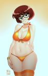  bikini bra breasts cleavage front-tie_bikini front-tie_top glasses orange_bikini panties scooby-doo stockings thighs velma_dinkley 