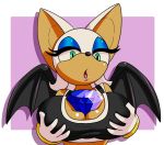  1girl 1girl anthro bat between_breasts big_breasts breast_grab breasts bust_portrait chaos_emerald cleavage clothed clothing eyelashes eyeshadow furry gem gloves hand_on_breast looking_down makeup mammal open_mouth portrait rouge_the_bat ryujisama sega shirt tank_top video_games wings 