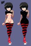  1girl 2017 bigdead93 black_dress black_hair blue_eyes bottomless breasts comparison converse decent_and_indecent detached_sleeves dress_lift fair_skin hotel_transylvania mavis_dracula navel purple_background pussy short_hair smile sneakers stockings 