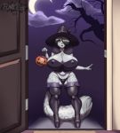  1girl absurd_res anthro big_breasts breasts bulge clothed clothing feline furry futanari halloween hat high_res holidays huge_breasts legwear magic_user mammal nipple_bulge penis plankboy public skimpy stockings testicles tight_clothing underwear voluptuous witch 