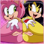  2_girls amy_rose animal_ears anus ass black_hair cute fangs furry gloves green_eyes honey_the_cat long_hair looking_at_another multiple_girls nude pink_hair pussy pussy_juice short_hair smile sonic yellow_eyes 