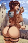  1girl 1girl 2022 alternate_version_available arimatang artist_signature ass ass_focus ass_shot attack_on_titan back back_view big_ass big_breasts breasts brown_eyes brown_hair bubble_butt cityscape clothed clothed_female dat_ass eating female_focus female_only fishnets food holding_object huge_ass huge_breasts jacket long_hair looking_at_viewer looking_back looking_over_shoulder outside ponytail potato sasha_braus shingeki_no_kyojin sideboob solo_female solo_focus tagme thick_thighs thighs 