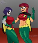 abs belly_button belt big_ass big_breasts cape cartoon_network cosplay couple dc_comics female_only gloves goth grey_skin legs long_hair mapashonsfw mask muscle muscular_female navel orange_hair purple_hair raven_(dc) red_hair robin_(cosplay) short_hair starfire teen_titans thick_thighs thighs tight_clothing v