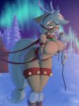  1girl 2017 anthro applejack aurora_borealis breasts clothing earth_pony equine fake_antlers friendship_is_magic furry gloves green_eyes hair high_res holding_breast horse looking_at_viewer mammal my_little_pony outside pony silverfox057 smile tree 