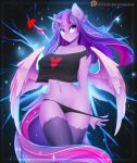  1girl 2018 absurd_res anthro anthrofied clothed clothing equine feathered_wings feathers friendship_is_magic furry hair heart highres horn koveliana legwear long_hair looking_at_viewer mammal multicolored_hair multicolored_tail my_little_pony navel panties patreon purple_eyes purple_feathers shirt smile twilight_sparkle_(mlp) underwear web_address winged_unicorn wings 