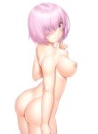  1girl 1girl 1girl ass blush breasts closed_mouth eyebrows_visible_through_hair fate/grand_order fate_(series) hair_over_one_eye looking_at_viewer looking_to_the_side mashu_kyrielite medium_breasts nipples nude pink_eyes pink_hair short_hair simple_background sin-go standing white_background 
