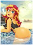  1_girl 1girl ass equestria_girls female female_only friendship_is_magic looking_at_viewer mostly_nude my_little_pony one-piece_swimsuit pool solo sunset_shimmer sunset_shimmer_(eg) swimming_pool swimsuit two-tone_hair 
