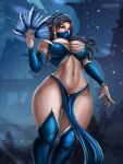  1girl abs alluring big_breasts breasts cleavage female_abs female_only flowerxl kitana looking_at_viewer midway midway_games mortal_kombat pinup solo_female stockings thick_thighs 