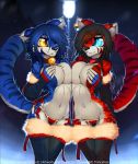 &lt;3 1girl 2018 5_fingers anthro bell big_breasts big_eyes black_hair blue_eyes blue_fur blue_hair blue_stripes breast_squish breasts breasts_frottage cherry_(macmegagerc) cleavage clothed clothing collar covered_nipples dark_background duo ear_piercing eye_contact felicia_(tailsrulz) feline fur furry glowing glowing_eyes grin hair hair_over_eye hand_on_butt heart_necklace high_res highlights jewelry legwear macmegagerc mammal mostly_nude navel necklace orange_eyes original outside panties piercing red_fur red_highlights red_stripes simple_background smile snow standing stockings street_lamp stripes tiger underwear white_belly white_fur winter