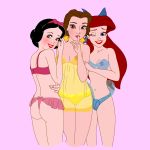  3_females 3_girls ass beauty_and_the_beast black_hair breasts brown_hair disney looking_at_viewer multiple_girls princess_ariel princess_belle princess_snow_white red_hair see-through snow_white_and_the_seven_dwarfs the_little_mermaid underwear 