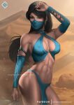 1girl abs alluring armpits belly big_breasts black_hair cleavage erect_nipples evandromenezes face_mask female_abs female_only fit fit_female hazel_eyes kitana loincloth midway midway_games mortal_kombat mortal_kombat_4 mortal_kombat_armageddon mortal_kombat_deadly_alliance mortal_kombat_deception mortal_kombat_ii navel revealing_clothes solo_female sweat toned toned_female ultimate_mortal_kombat_3 voluptuous