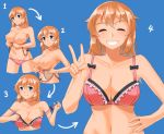 1girl ^_^ archway_of_venus areola areola_slip big_breasts black_bow blue_background blue_eyes blush bow bow_bra bra breasts brown_hair charlotte_e_yeager clavicle dressing frilled_bra frills groin hand_on_hip high_resolution hiroshi_(hunter-of-kct) looking_at_viewer multiple_views navel nipples panties pink_bra pink_panties simple_background smile strike_witches topless underwear v world_witches_series