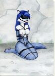  1girl anthro babyroo666 ball_gag bdsm bianca_(sheep_and_wolves) blindfold blue_body blue_fur blue_hair bondage bound breasts canid canine canis fangs female_only frogtied fur gag gagged hair legs_tied mammal navel nipples nude painting_(artwork) pawpads rope rope_bondage rope_harness russian sheep_and_wolves shibari simple_background solo_female submissive submissive_female traditional_media_(artwork) tuft white_body white_fur wizart wolf 