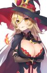  1girl arms_under_breasts bangs black_dress black_gloves blonde_hair blush breast_hold breasts brown_eyes cape cleavage cleavage_cutout crossed_arms detached_sleeves fang fire gloves hair_between_eyes hat large_breasts long_hair looking_at_viewer nijisanji nui_sociere parted_lips partly_fingerless_gloves red_bra simple_background upper_body virtual_youtuber white_background witch_hat yellow_eyes 