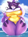  1girl 2018 anthro big_breasts breasts cherrikissu clothed clothing feline fur furry hair hand_on_hip high_res huge_breasts looking_at_viewer mammal outside purple_fur purple_hair slightly_chubby standing swimsuit thick_thighs voluptuous water wide_hips yellow_eyes 