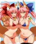  2_girls anime blue_bikini breasts cat_ears cat_tail gold_eyes large_breasts multiple_girls pink_hair red_bikini tail 