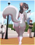  1boy 2018 anthro ass big_ass biped blurry_background blush brown_eyes brown_hair cellphone digital_media_(artwork) elias_larra&ntilde;aga exhibitionism fur furry girly grey_fur group hair looking_at_viewer looking_back male mammal markings nude outside public re-sublimity-kun skunk smile solo_focus standing white_fur 