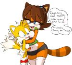  1girl 2018 age_difference anthro blue_eyes blush breasts brown_hair canine clothing cummysonic dialogue dipstick_tail duo english_text erection eyelashes eyewear footwear fox fur furry gloves goggles hair half-closed_eyes hearlesssoul heart hugging legwear lifted male male/female mammal miles_&quot;tails&quot;_prower multicolored_tail naval_the_raccoon navel nervous nipples older_female open_mouth orange_fur penis procyonid raccoon sega shoes short_hair size_difference stockings sweat testicles text video_games white_fur yellow_fur younger_male 