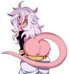  android_21 ass black_sclera dragon_ball dragon_ball_fighterz looking_back majin_android_21 monster_girl pants_pulled_down pink_skin pointy_ears pussy radlionheart red_eyes tail 