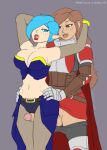  armor athorment athorment_oc balls blue_eyes blue_hair breasts brown_eyes brown_hair cape cleavage clothed elf elf_ears erection evelyn_(athorment) evelyn_knight_(athorment) futanari imminent_sex interracial interspecies latina long_hair navel open_mouth outercourse penis short_hair skirt_lift smile thigh_sex tristalia_(gundam_yuki) 