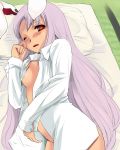  1girl animal_ears bangs blush bottomless bunny_ears d; dress_shirt female futon hair indoors kfc lavender_hair long_hair looking_at_viewer lying naked_shirt no_panties on_bed on_side one_eye_closed open_clothes open_mouth open_shirt petite pillow red_eyes reisen_udongein_inaba rubbing_eyes shirt sleepy solo straight_hair tatami tearing_up touhou very_long_hair wink yuu_(kfc) 