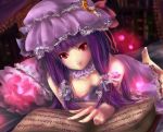  1girl bed book down_blouse downblouse female glowing nipple_slip nipples patchouli_knowledge pillow purple_hair red_eyes senria solo touhou 