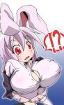  ! !? 1girl ? animal_ears bangs big_breasts blazer blush breasts bunny_ears bursting_breasts cleavage d: dress_shirt female gorohati hair huge_breasts large_breasts long_hair miniskirt open_mouth pale_skin perspective purple_hair red_eyes reisen_udongein_inaba shirt skirt solo standing straining_buttons taut_clothes taut_shirt thighhighs touhou undressing white_legwear 