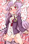  1girl animal_ears aruse_yuushi blush bunny_ears empty_eyes female long_hair no_panties nude pink_background purple_hair pussy pussy_juice reisen_udongein_inaba solo surprise surprised touhou translation_request uncensored wardrobe_malfunction 