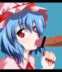  1girl bad_id biting bleeding blood blue_hair censored fang fellatio female hat ichinose_yuu injury letterboxed licking male nail_polish oral ouch pain penis penis_biting red_nails remilia_scarlet sex short_hair solo solo_focus touhou 