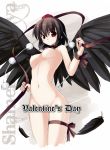  1girl arched_back aya_shameimaru black_feathers black_wings breasts breasts_apart censored female hat looking_at_viewer nude perky_breasts red_eyes ribbon seo_tatsuya shameimaru_aya solo standing thigh_gap tokin_hat touhou valentine wide_hips wings 