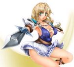 1041_(toshikazu) 1girl alluring blonde_hair breasts cleavage gladiator_sandals green_eyes long_hair looking_at_viewer milf open_mouth project_soul sandals silf skirt sophitia_alexandra soul_calibur soul_calibur_ii soul_calibur_iii soul_calibur_vi sword weapon