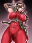  1041_(toshikazu) 1girl abs alluring armor big_breasts bodysuit breasts brown_eyes brown_hair covered_erect_nipples covered_female_abs female_abs full_body katana long_hair massive_breasts ninja ponytail skin_tight soul_calibur soul_calibur_ii soul_calibur_iii soul_calibur_vi sword taki_(soulcalibur) tight_clothing weapon 