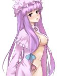  1girl :p blush bow capelet erect_nipples female groin hair_bow hat ket-c long_hair mound_of_venus navel open_clothes open_robe patchouli_knowledge pink_bow purple_eyes purple_hair robe simple_background solo tongue tongue_out touhou white_background 